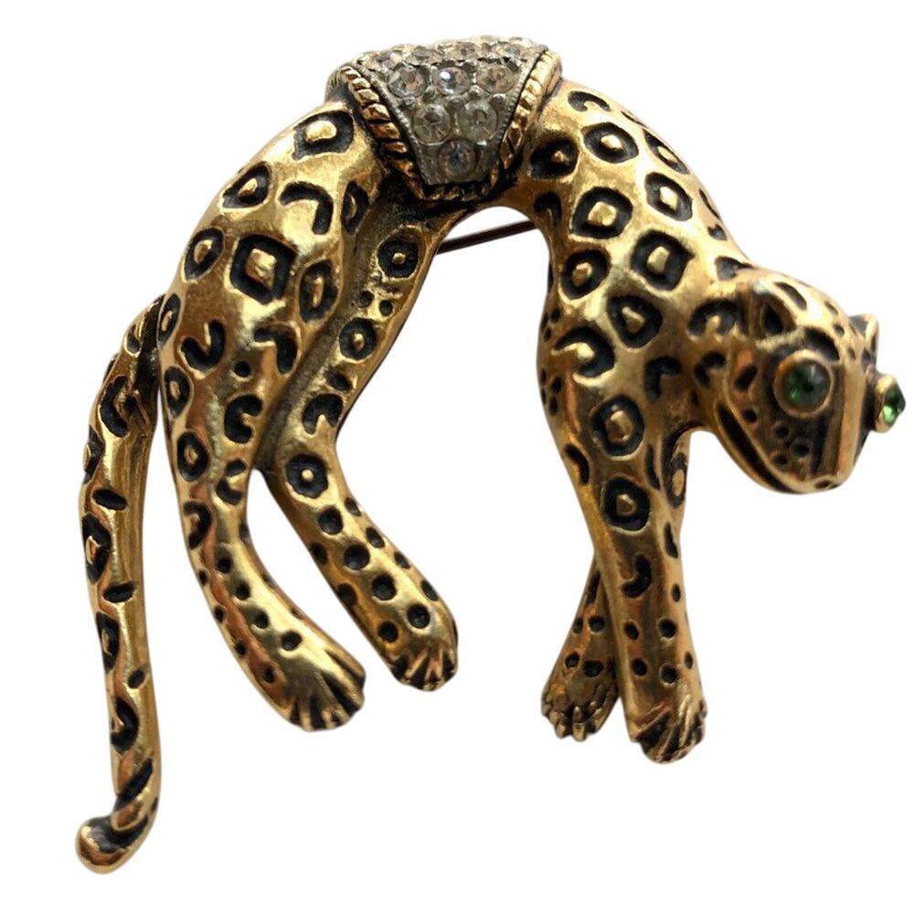 Vintage Florenza Leopard Cheetah Rhinestone Pin Gold Black Brooch Tail Moves MCM